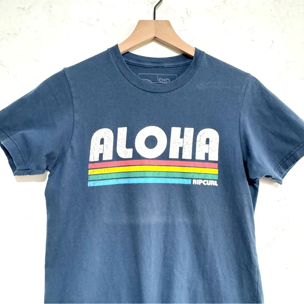 Vintage Rip Curl Aloha Graphic Tee Navy Small Slim Fit Surf Hawaii Rainbow - Picture 2 of 6